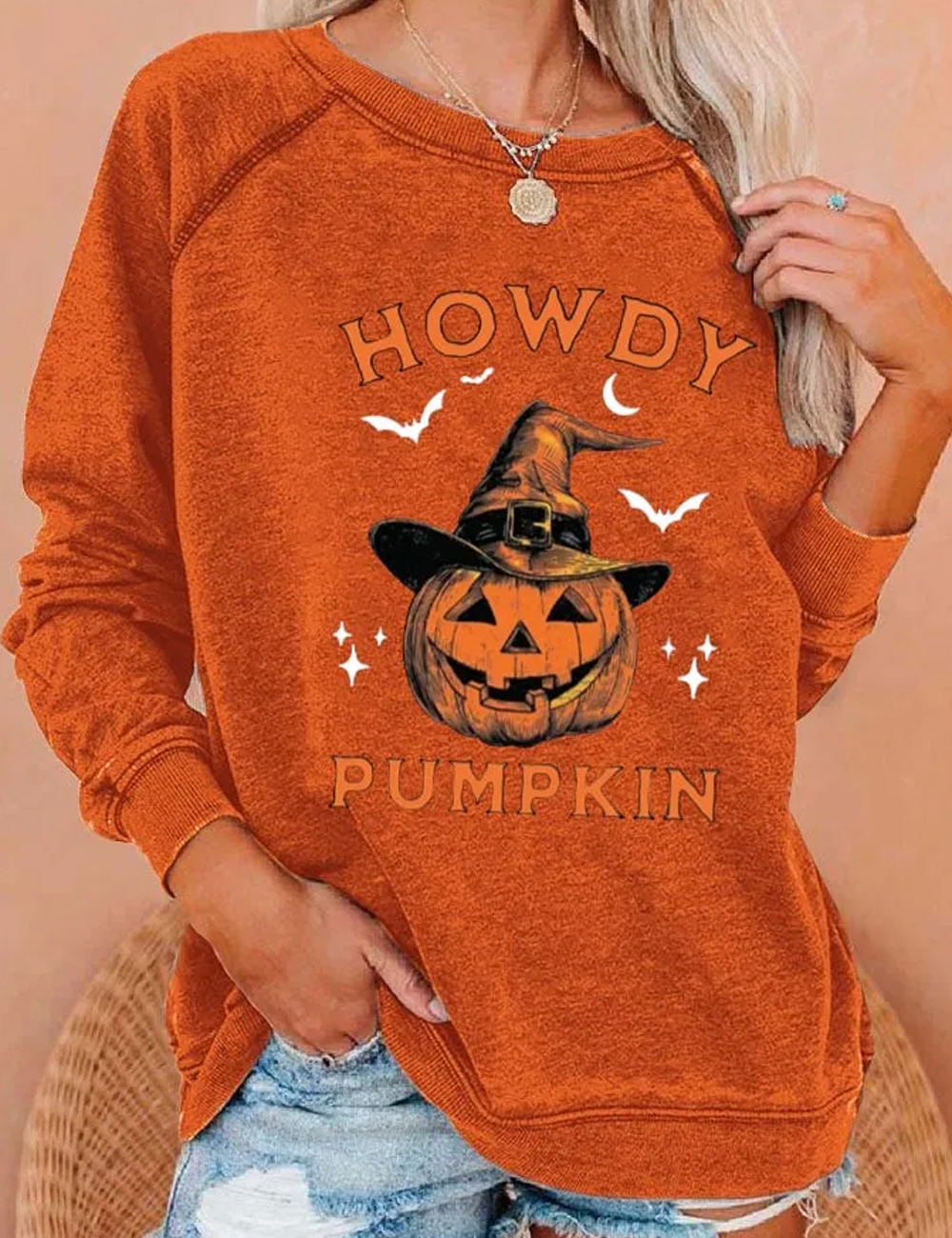 Women's Halloween Western Style Distressing Crew Neck Sweatshirt