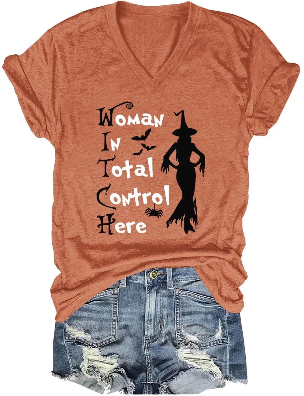 Women's Witch Woman In Total Control Here Halloween Casual V-Neck Tee
