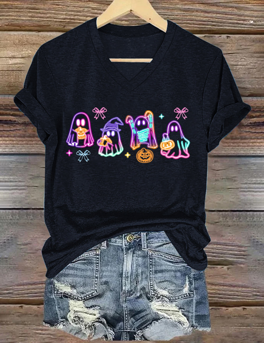 Women's Halloween Ghost Pumpkin Print V Neck T-Shirt