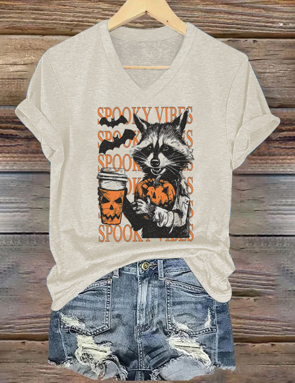 Women's Spooky Vibes Print V Neck T-Shirt