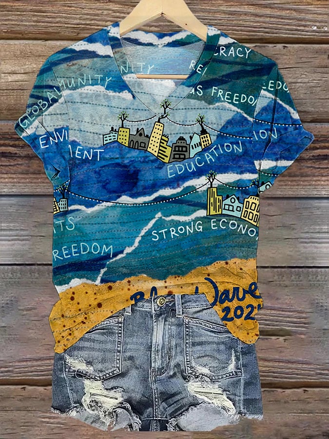 Women's Blue Wave 2024 Printed V-Neck T-Shirt