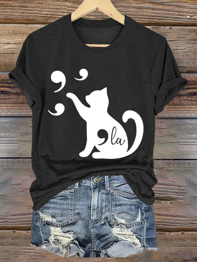 Women's Cat Comma La Print Crew Neck T-Shirt