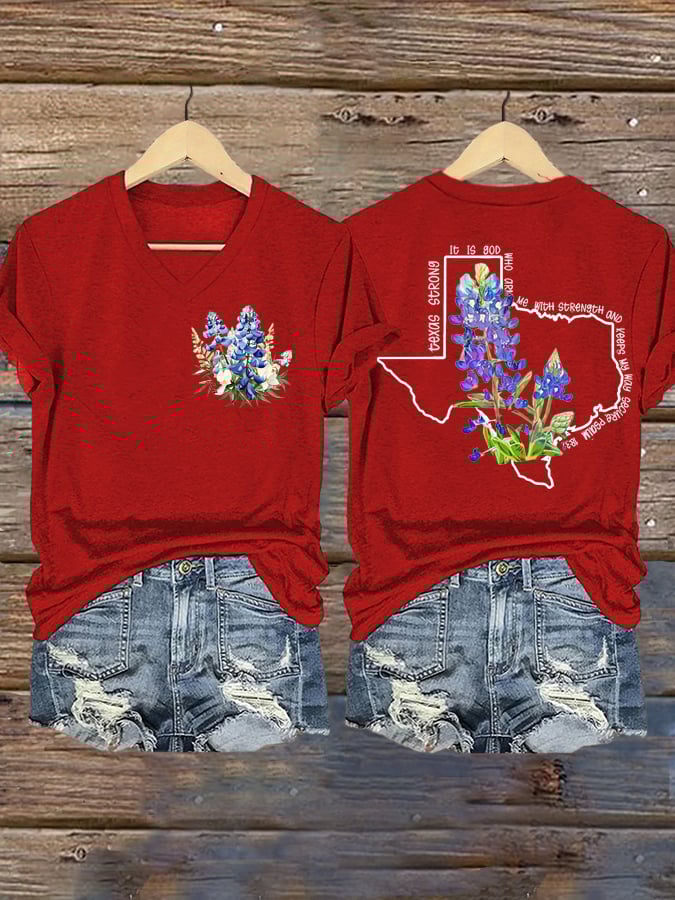 Women's Texas Flood KERR COUNTY STRONG Print V-Neck T-Shirt