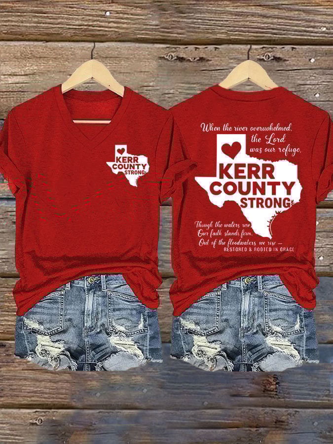 Women's Texas Flood KERR COUNTY STRONG Print V-Neck T-Shirt