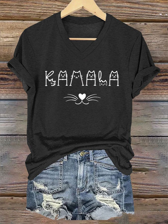 Women's Blue Wave Cat Print V-Neck T-Shirt