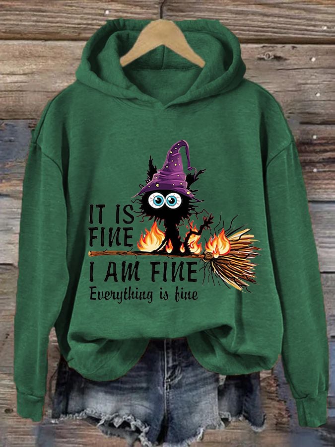 Women's Funny Halloween It's Fine I'm FineBlack Cat Print Hoodie