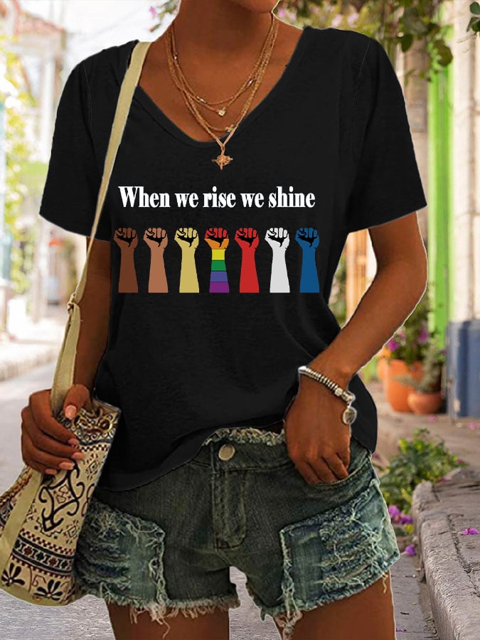 Women's When We Rise We Shine Printed V-Neck Short Sleeve T-Shirt