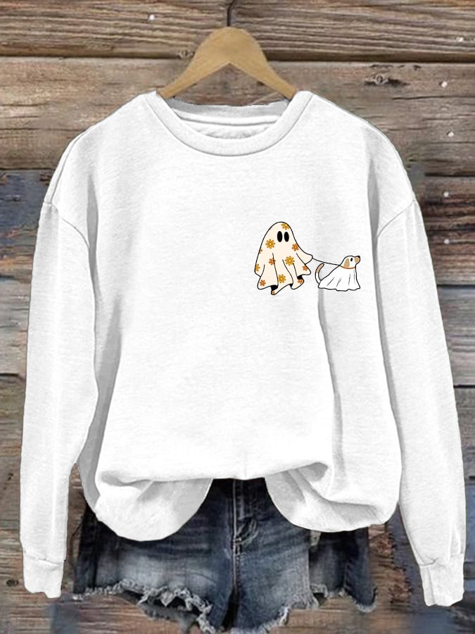 Retro Halloween Ghost And Dog Print Sweatshirt