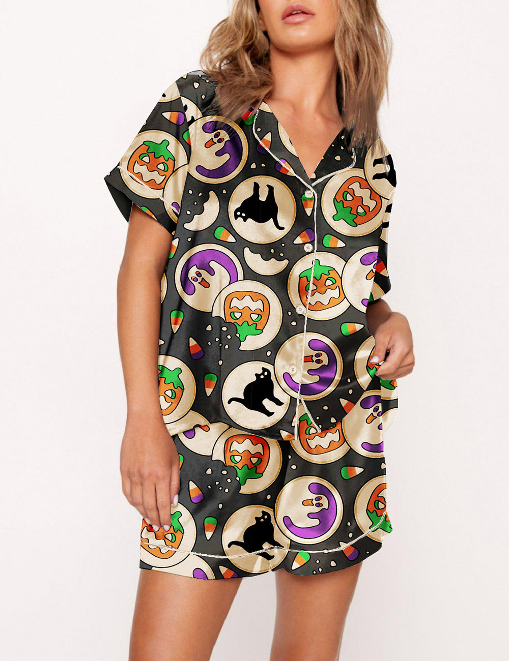 Women's Halloween Pumpkin Black Cat Pajama Set