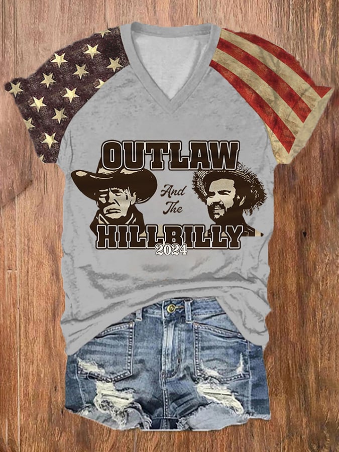 Women's Outlaw And The Hillbilly 2024 American Flag Print Casual V-Neck Tee