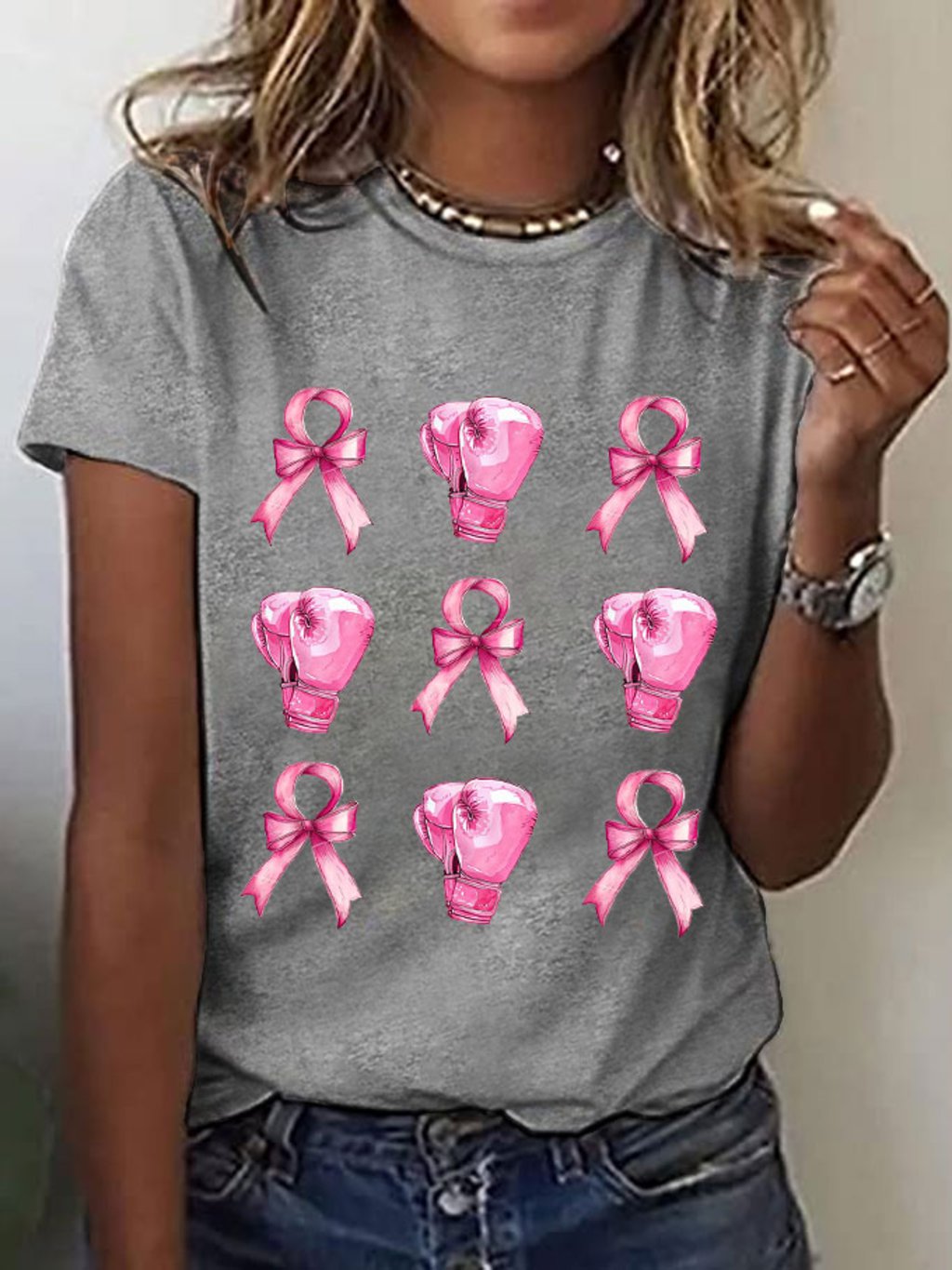 Women's Pink Bow Fight Breast Cancer Print T-Shirt