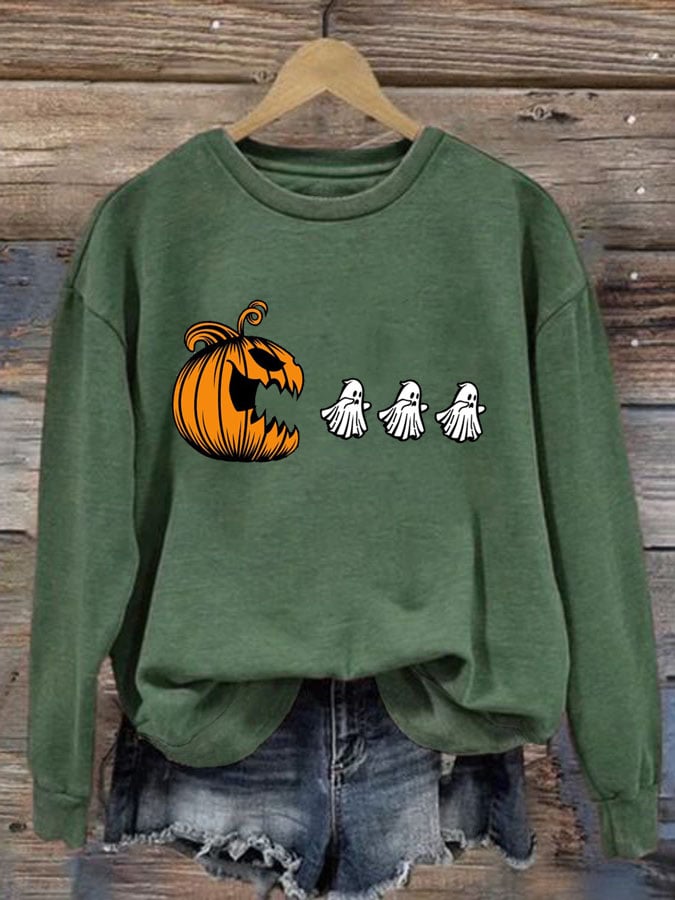 Women's Pumpkin Chasing Ghosts Print Round Neck Sweatshirt