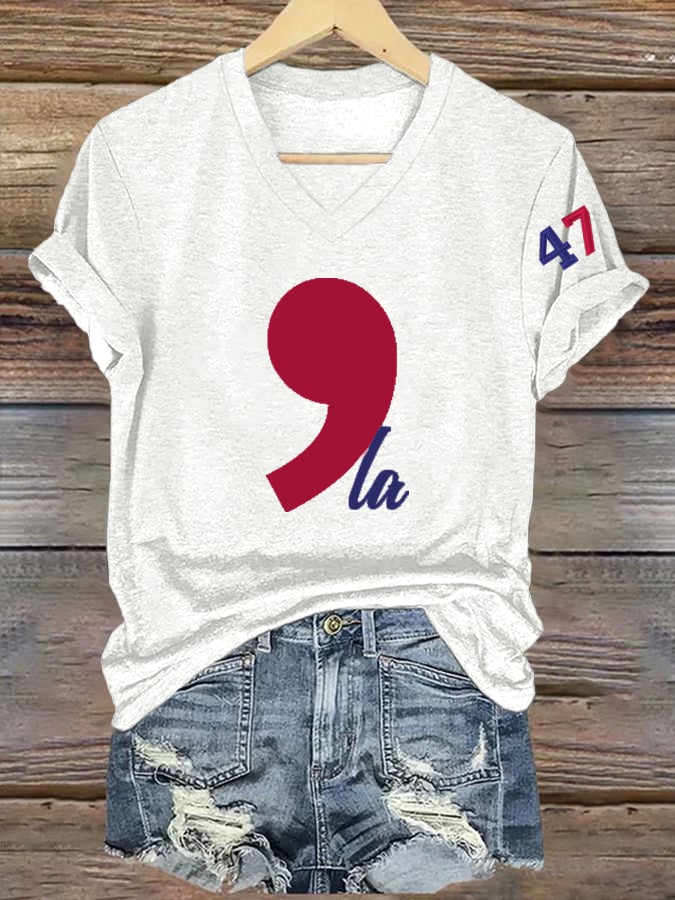 Women's La 47 Printed Casual V Neck T-Shirt