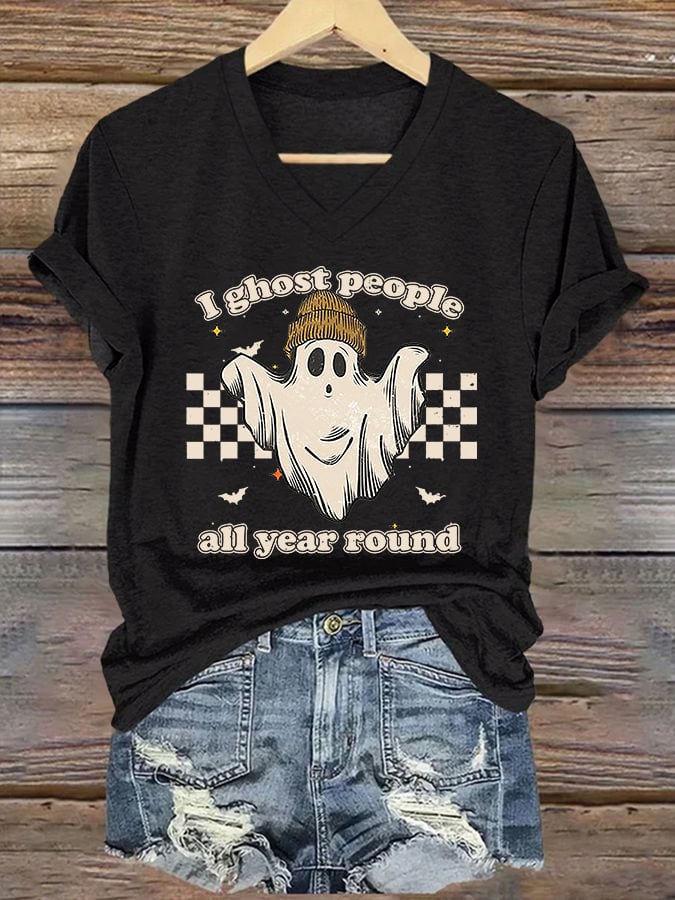 V-neck Retro Halloween I Ghost People All Year Round Print T-Shirt