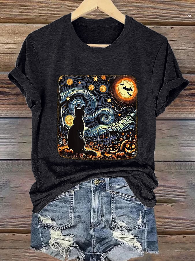 Retro Halloween Van Gogh Starry Night Cat Pumpkins Print T-Shirt