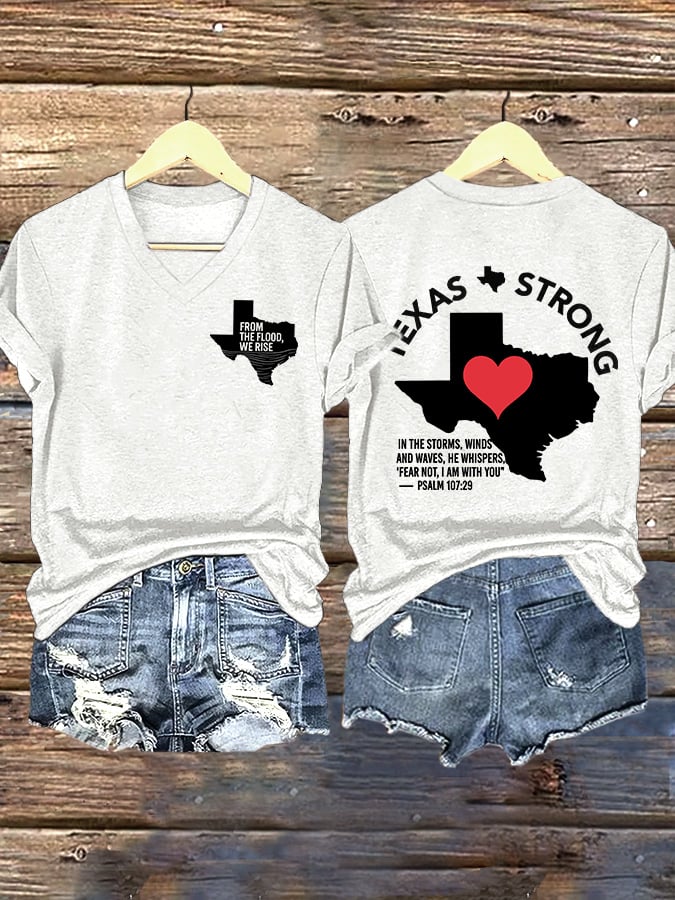 V-Neck Retro Texas Strong From The Flood, We Rise Texas Strong In The Storms, Winds And Waves, He Whispers,“Fear Not, I Am With You”— Psalm 107:29 Print T-Shirt