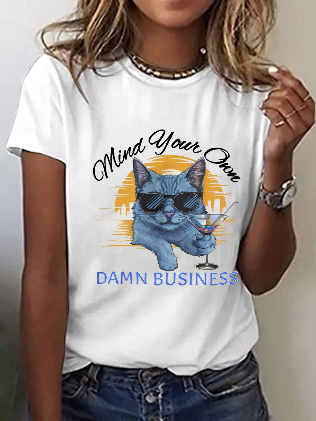 Women's Mind Your Own Damn Business Cat Print T-Shirt