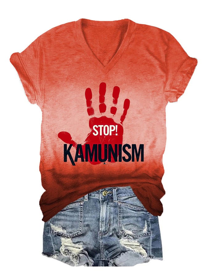 Women's Stop Kamunism Printed V-Neck T-Shirt