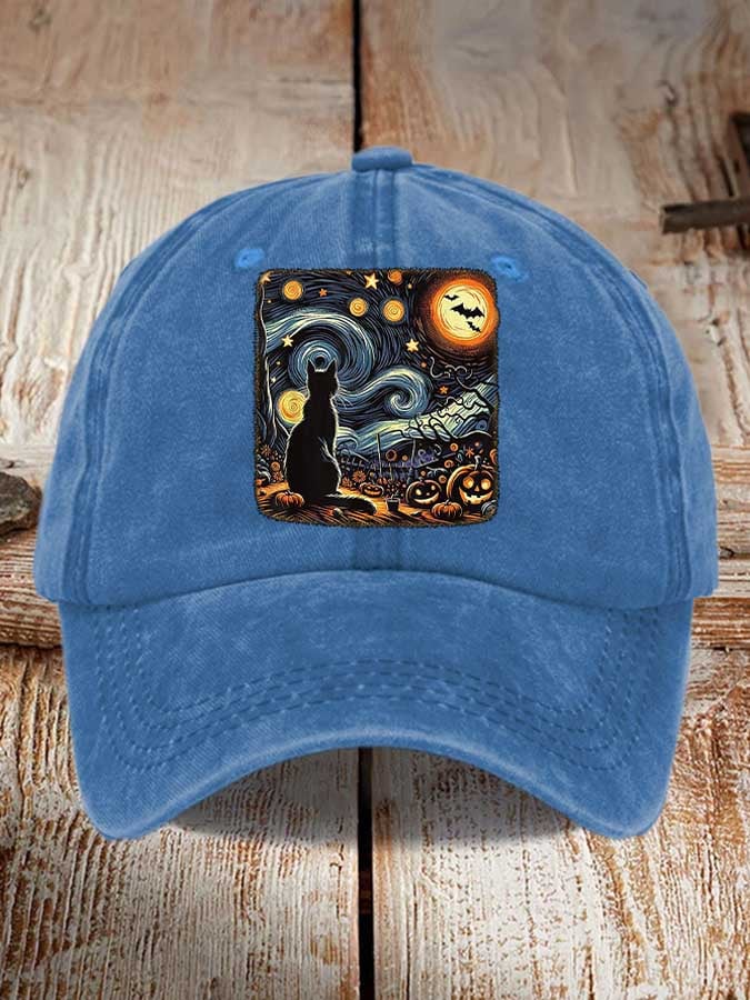 Retro Halloween Van Gogh Starry Night Cat Pumpkins Print Baseball Cap