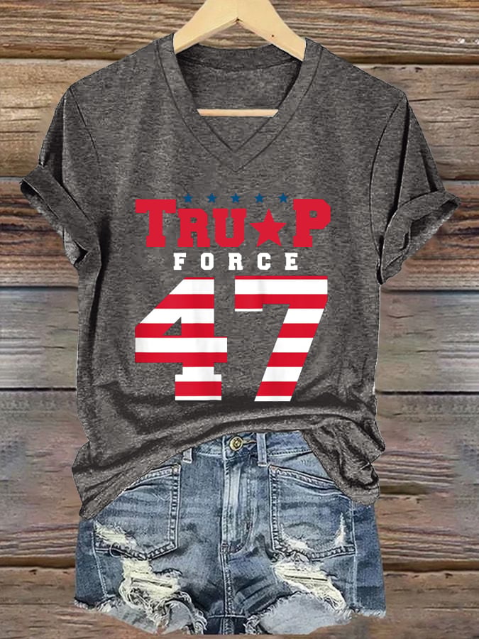Women's Stars And Stripes 47 Print Casual V-Neck T-Shirt