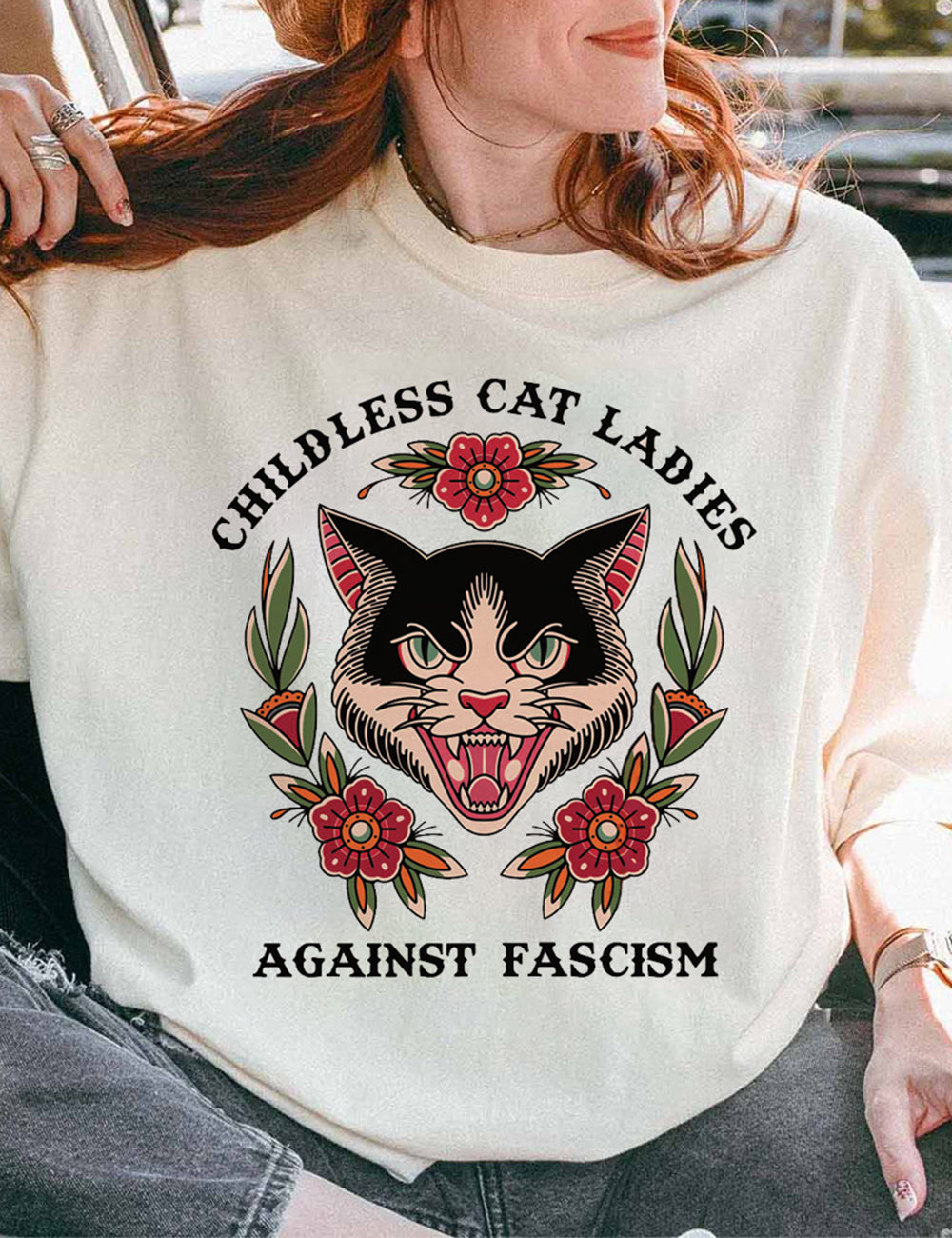 Childless Cat Lady Against Fascism Tee