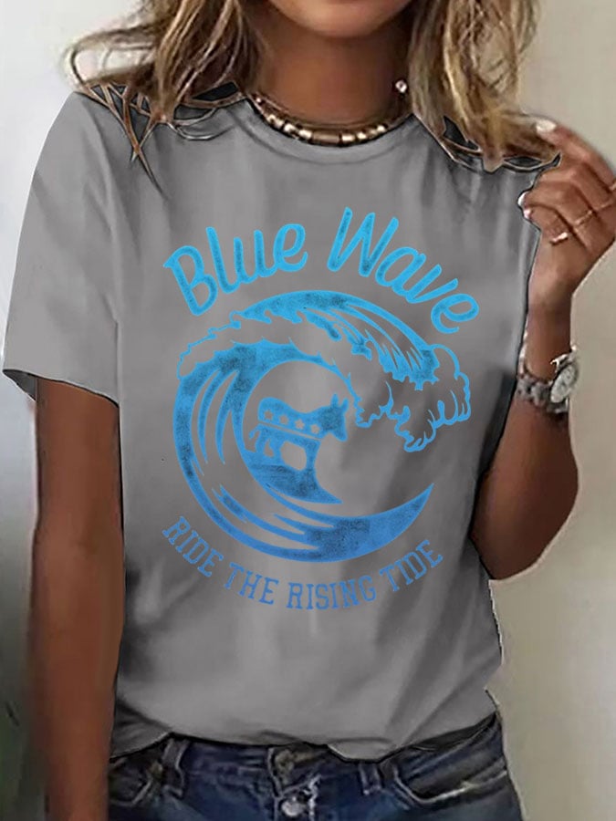 Women's Blue Rides The Waves Printed Short-Sleeved T-Shirt