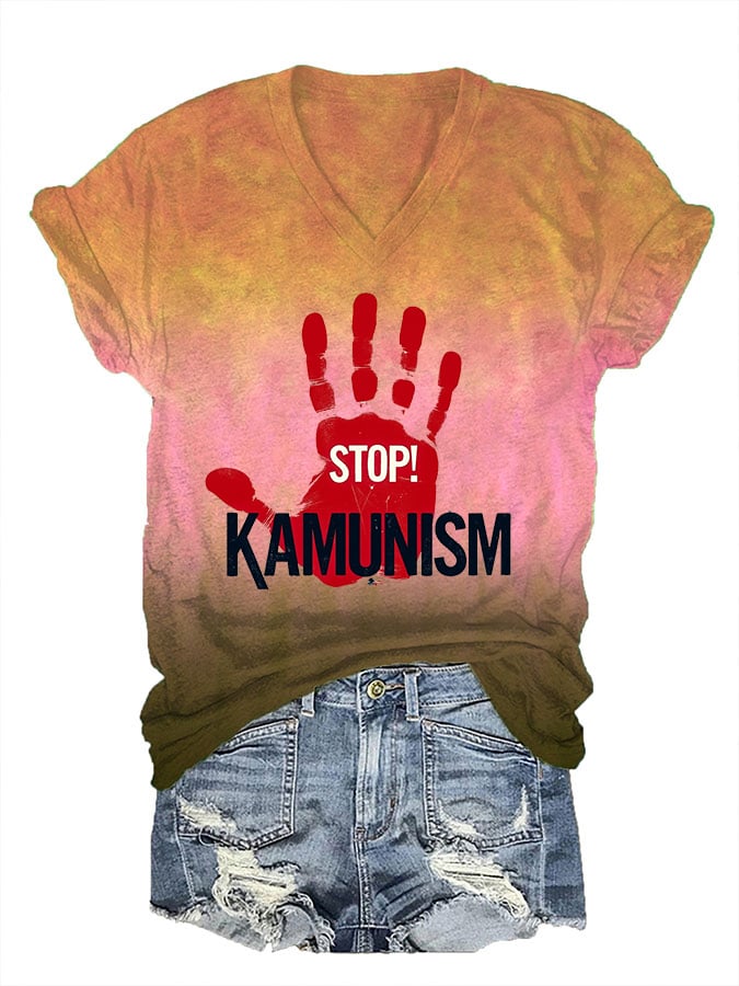 Women's Stop Kamunism Printed V-Neck T-Shirt