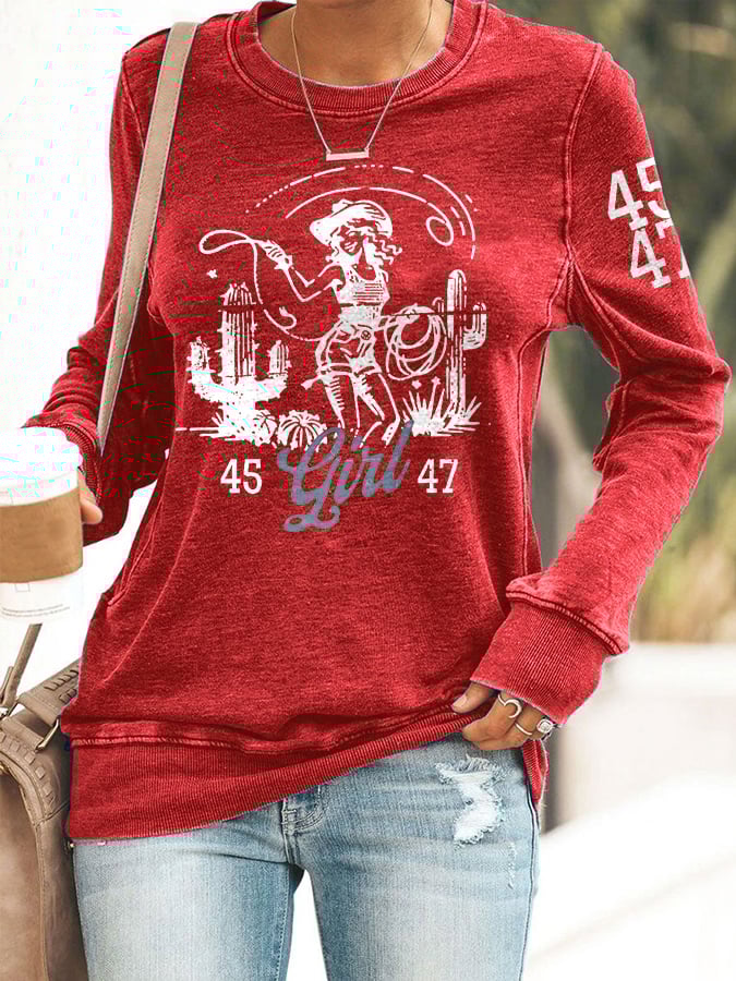 Retro 45 47 Flag Western Cowboy Girl Cactus Print Sweatshirt