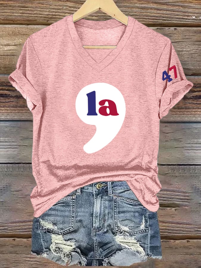 Women's Vintage La 47 Printed Casual V Neck T-Shirt