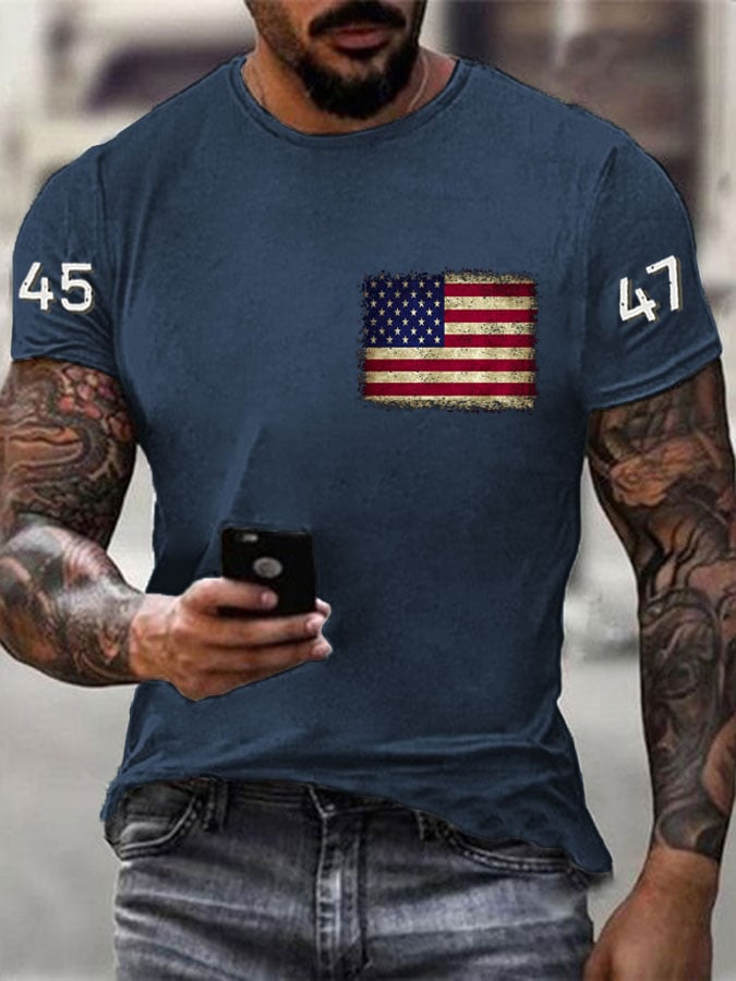 Men's 45-47 American Flag Printed Casual T-Shirt