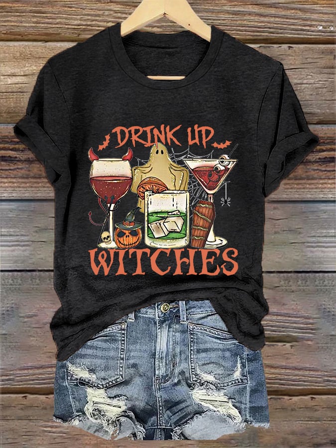 Women's Drink Up Witches Spooky Wine Glass Funny Halloween Casual Tee