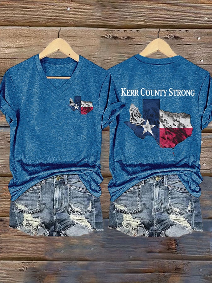 Women's Texas Flood KERR COUNTY STRONG Print V-Neck T-Shirt