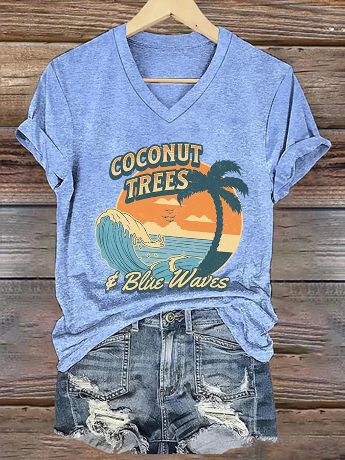 Women's Coconut Trees Blue Waves print casual T-shirt