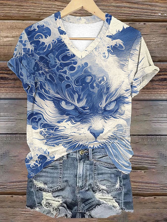 Women's Blue Waves&Cats Print V-Neck T-Shirt