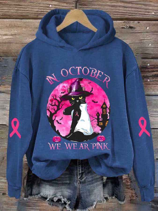 Women's Breast Cancer Awareness In October We Wear Pink With Black Cat Halloween Print Hoodie