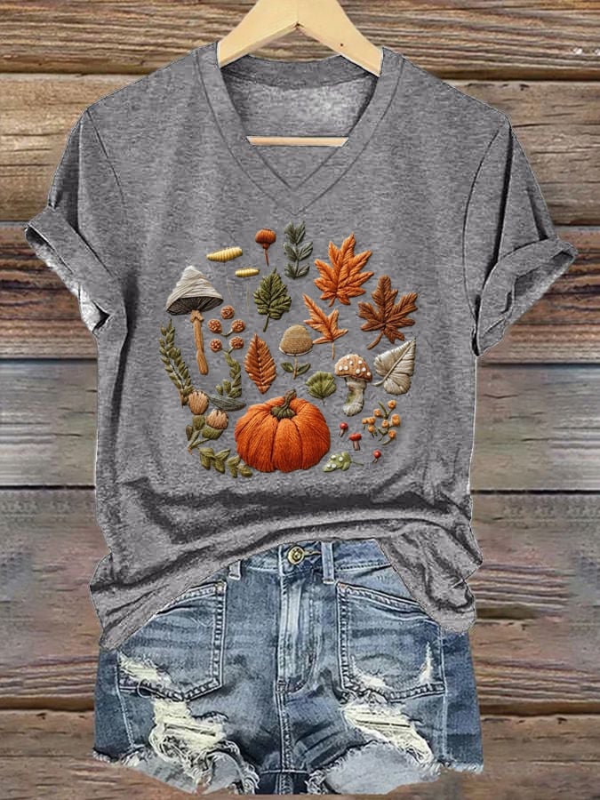 Halloween Pumpkin Maple Leaf Print T-Shirt