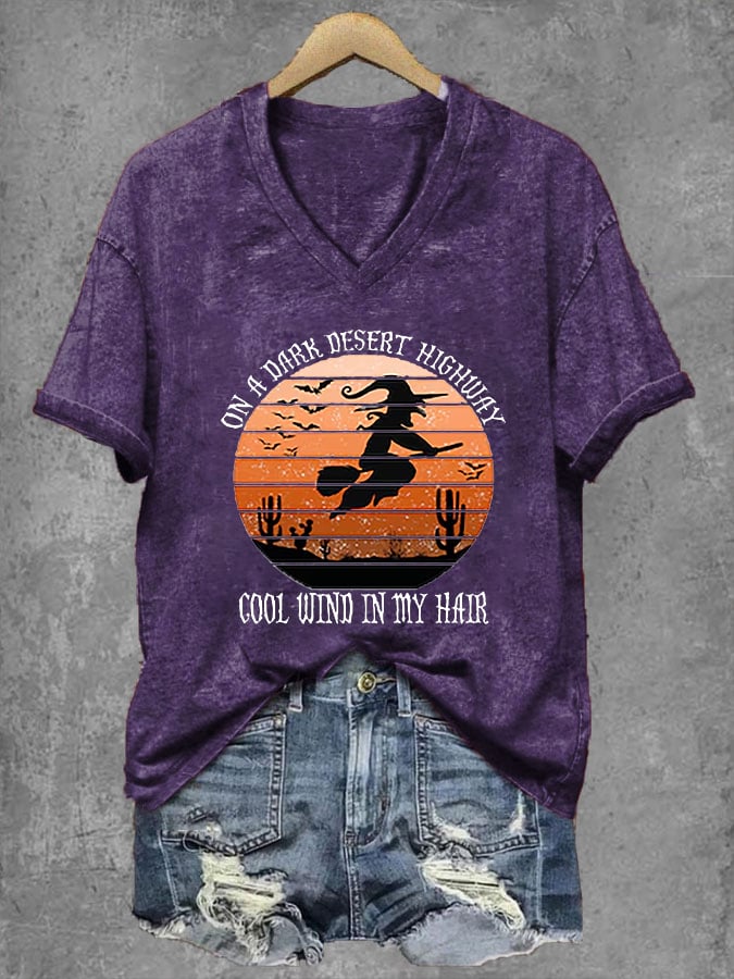 Women's Halloween On A Dark Desert Highway Cold Wind In My Hair  V-Neck Tee