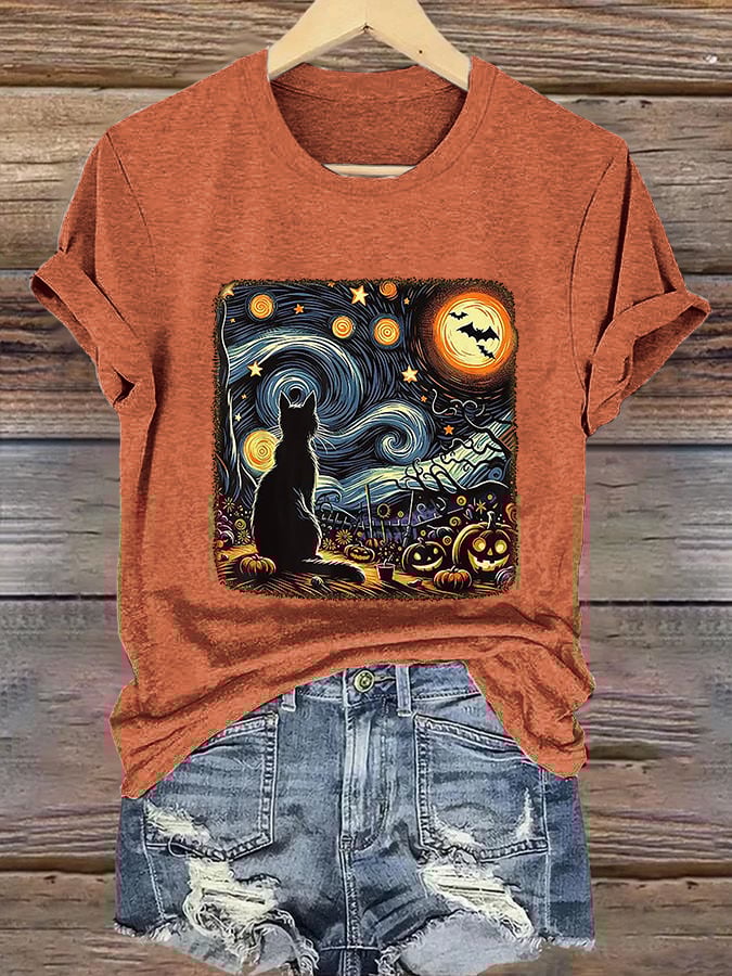 Retro Halloween Van Gogh Starry Night Cat Pumpkins Print T-Shirt