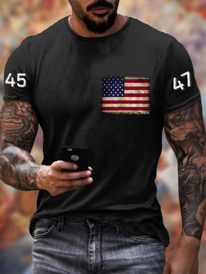 Men's 45-47 American Flag Printed Casual T-Shirt
