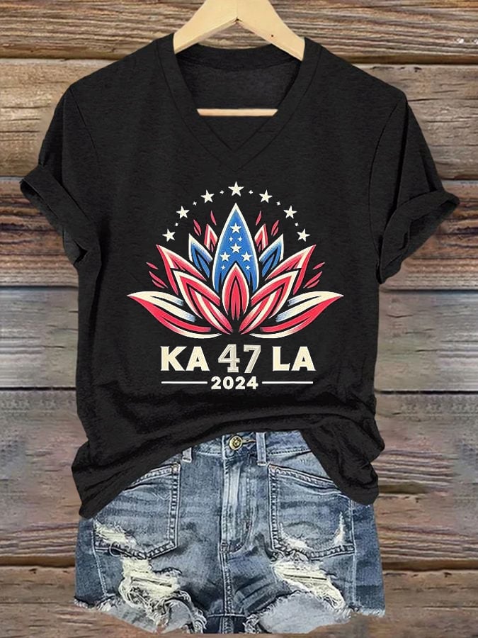 Lotus La Printed Casual V Neck T-Shirt