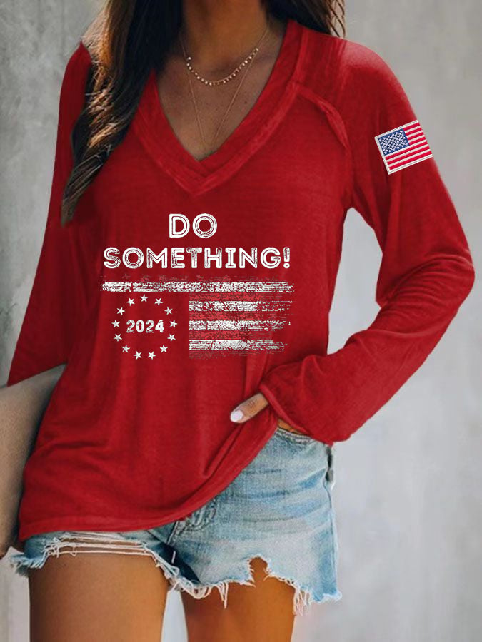 Women's Do Something Long Sleeve V-Neck Printed T-Shirt
