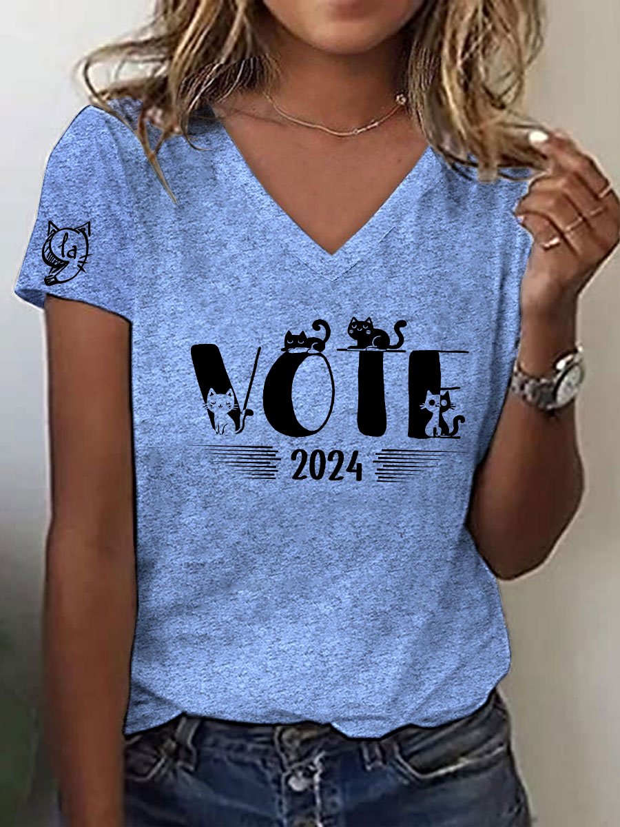 Women's Childless Cat Ladies Printed Casual V Neck T-Shirt