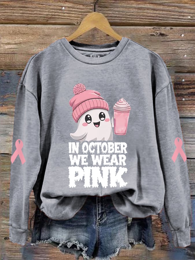 Women's In October We Wear Pink Halloween Ghost Breast Cancer Awareness Warrior Sweatshirt