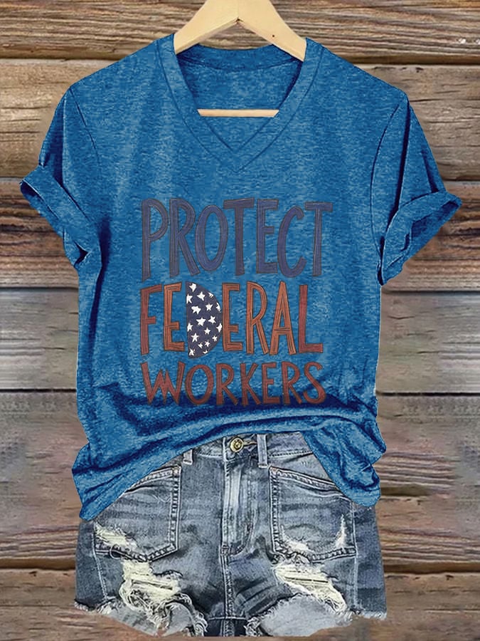 V-neck Retro Protect Federal Workers Print T-Shirt