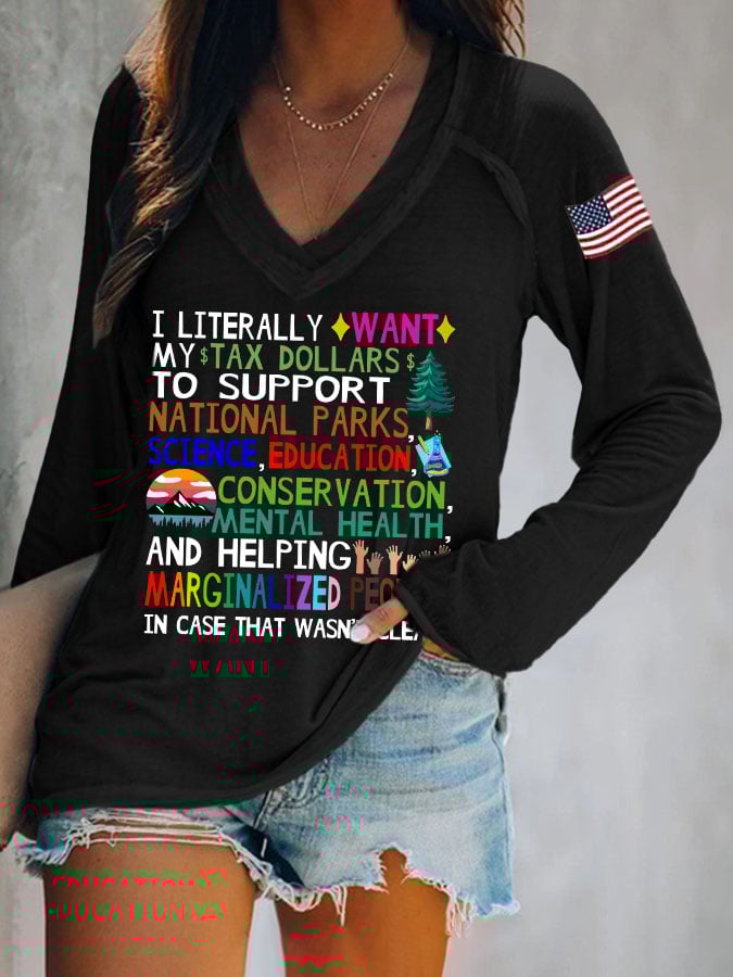 Women's Support National Parks Print V Neck Long Sleeve Shirt