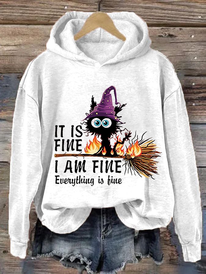 Women's Funny Halloween It's Fine I'm FineBlack Cat Print Hoodie