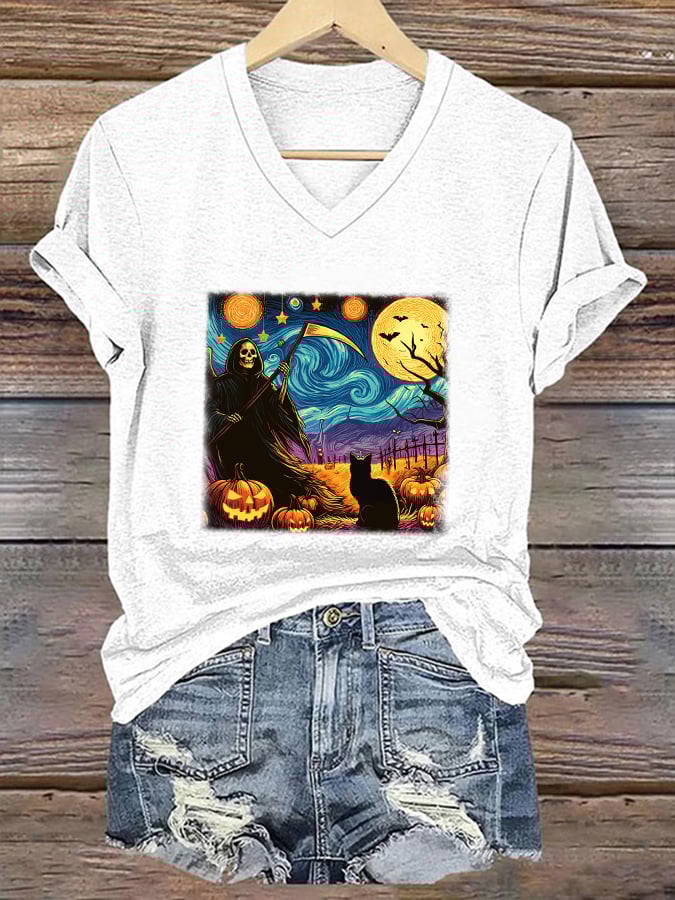 Women's Halloween Oil Painting Cat Print V-Neck T-Shirt