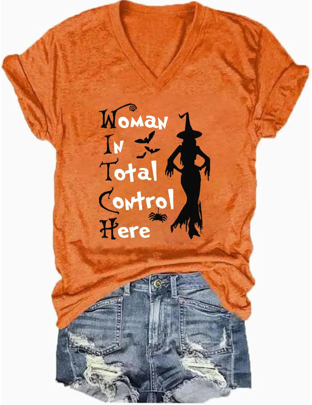 Women's Witch Woman In Total Control Here Halloween Casual V-Neck Tee