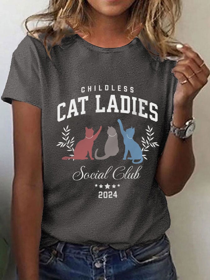Women's Childless Cat Lady Print O-Neck T-Shirt