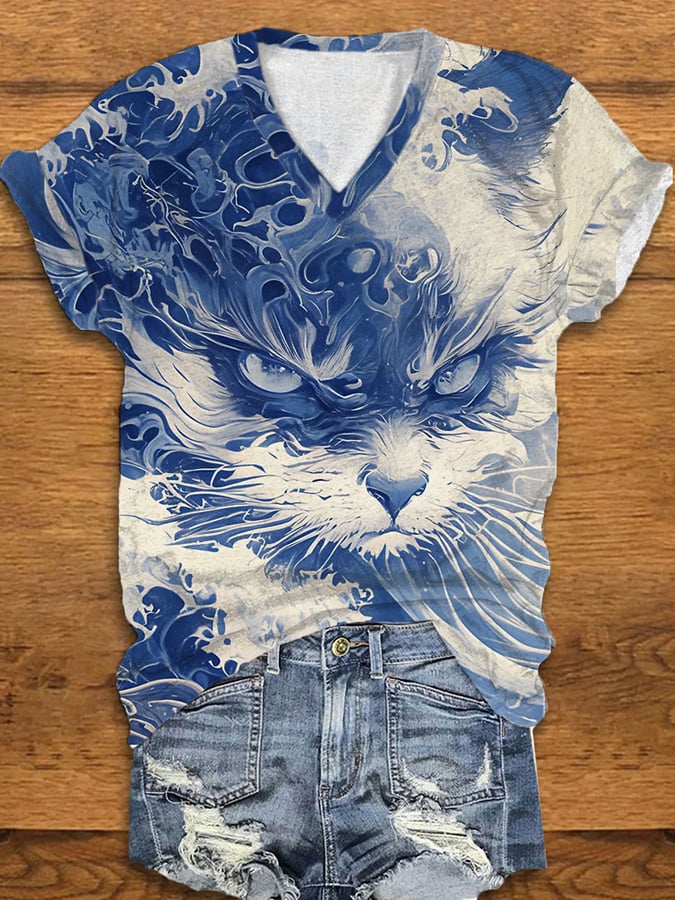 Women's Blue Waves&Cats Print V-Neck T-Shirt